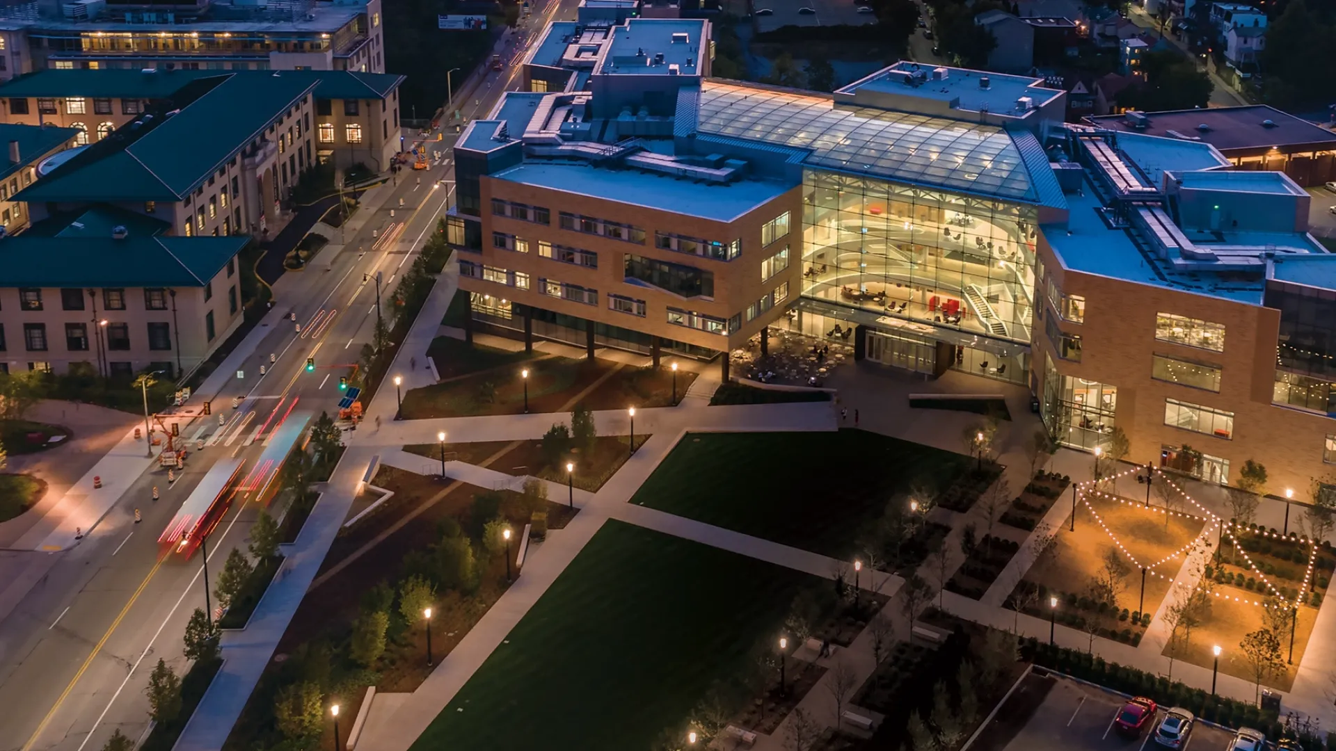 Exterior of the Tepper School Building at Night