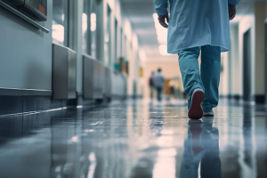 professional hospital staff walking down a corridor. Doctor in a hospital ward wearing blue apron.