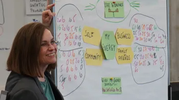 An individual stands in front of a white board with writing on it