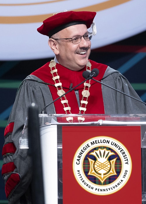 President Farnam Jahanian at his inaugural speech at Carnegie Mellon University.