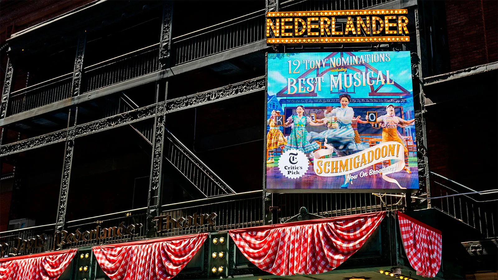 Schmigadoon marquee at The Nederlander Theatre.
