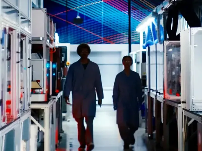 Two people walking down a lab corridor