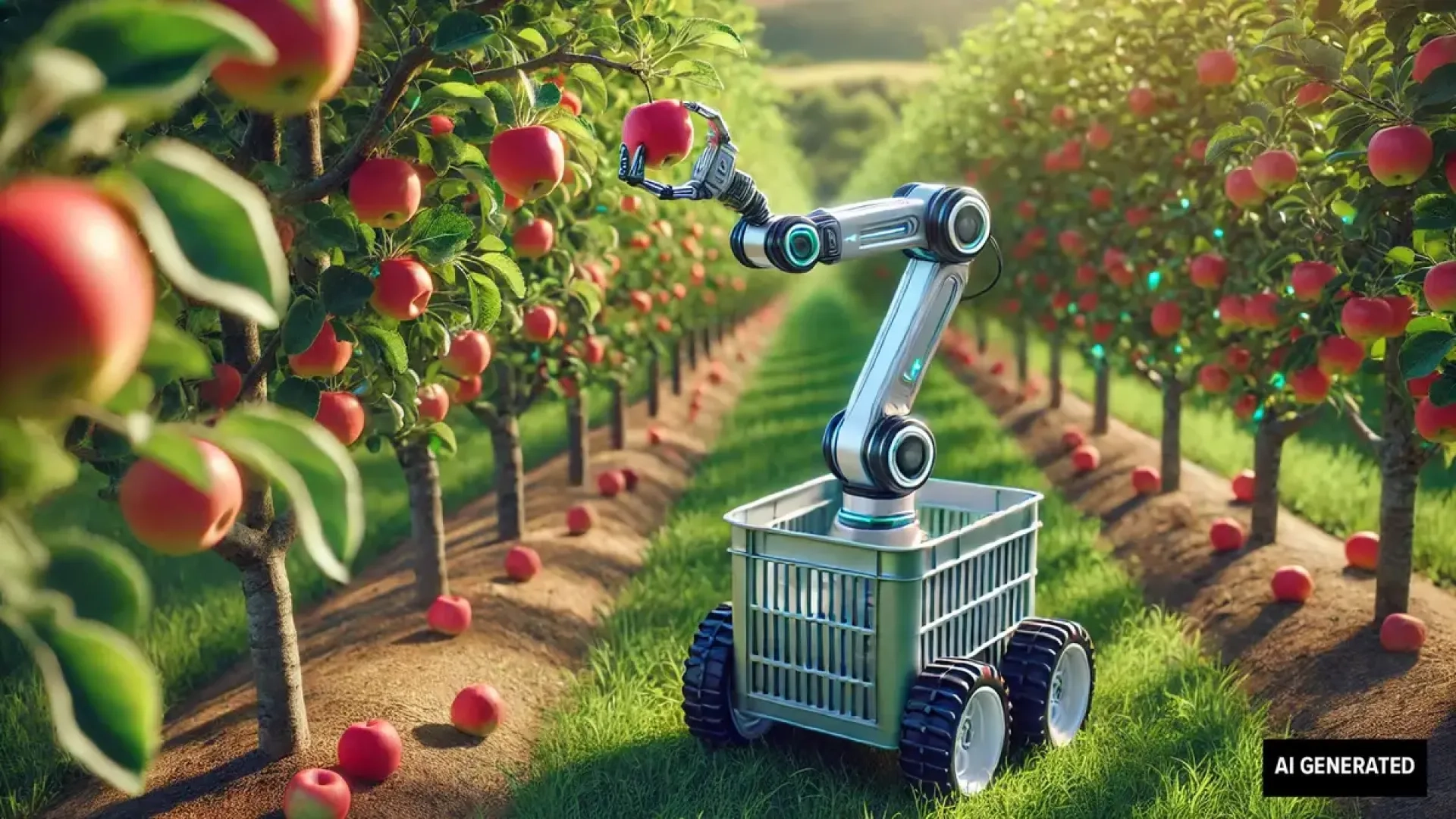 Robot picking apples in an orchard. AI-generated image.