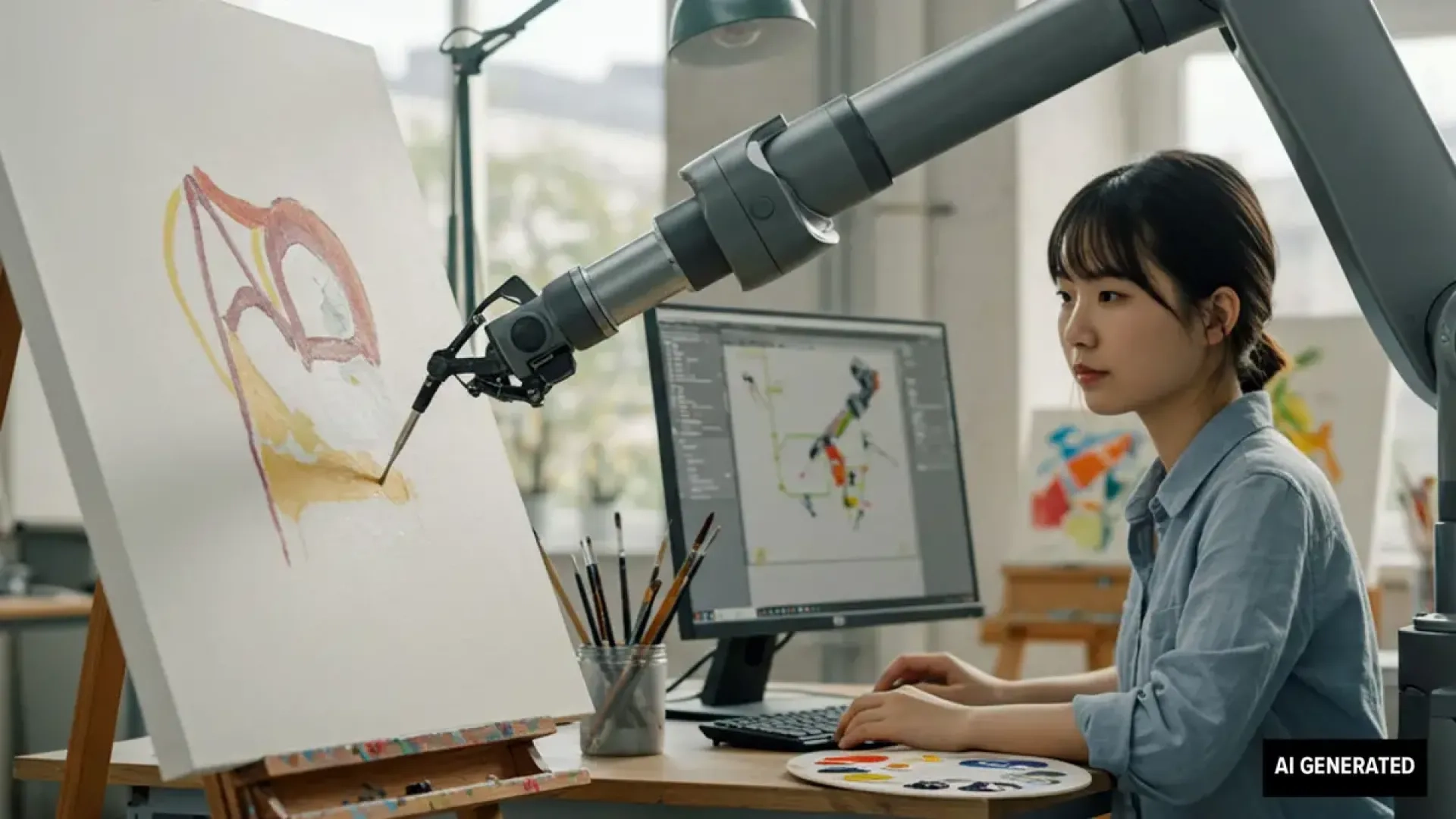 Artist at a computer controlling a robotic arm that is physically painting.