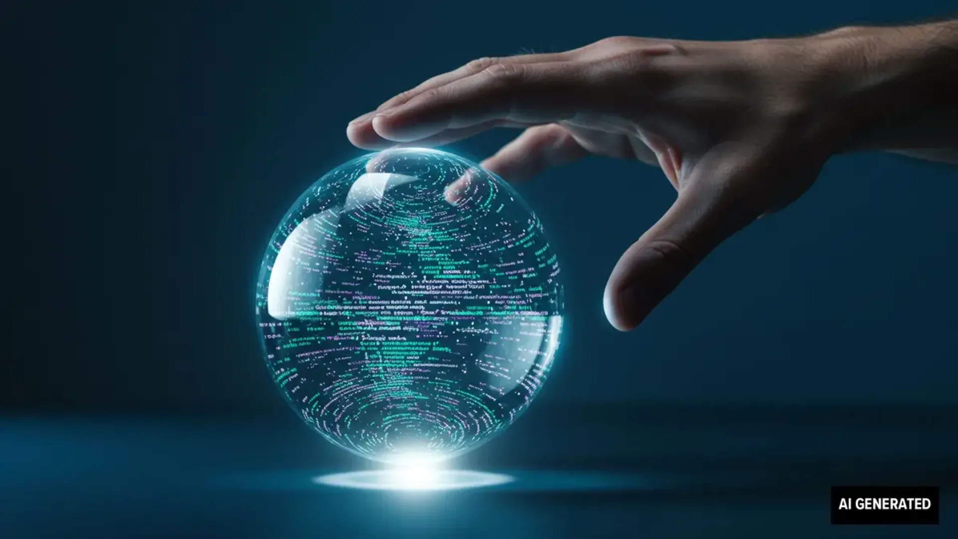 Hand reaching a glass sphere that is full of code. AI-generated image.