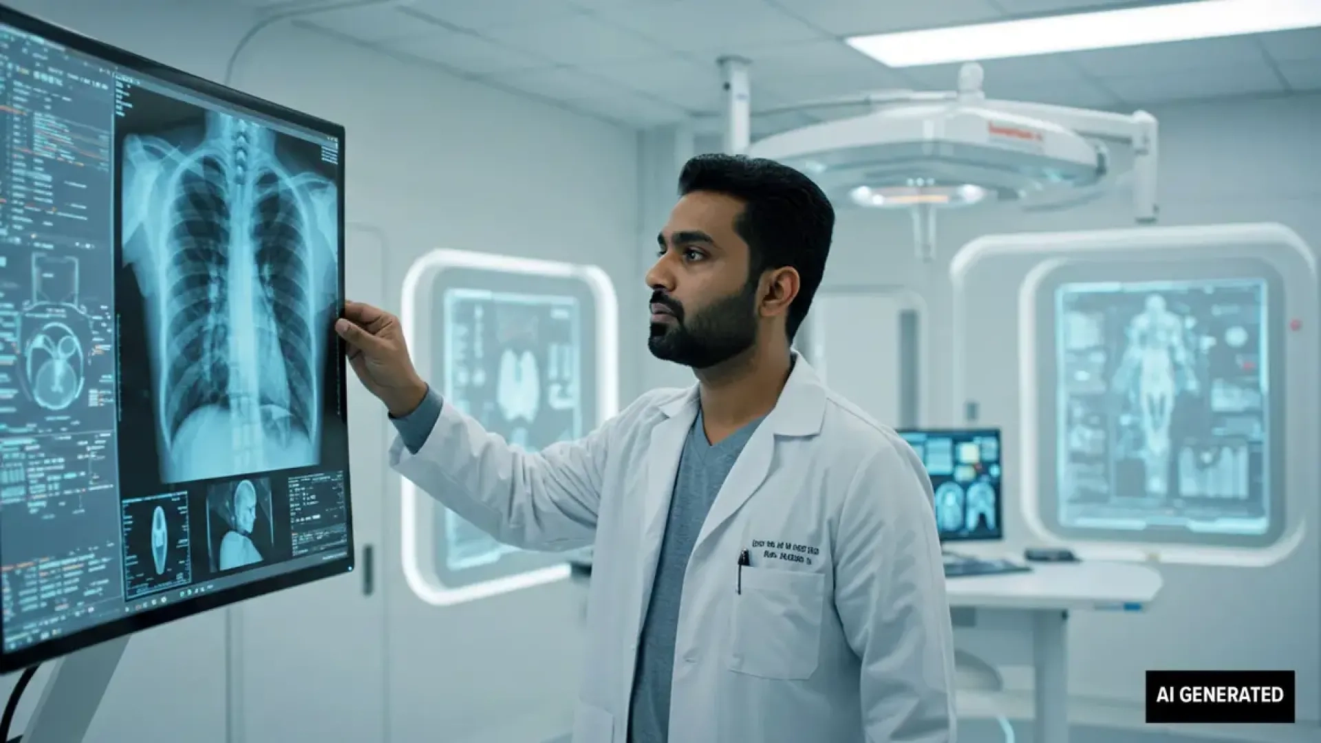 Doctor interacting with a screen for better analysis. AI generated.