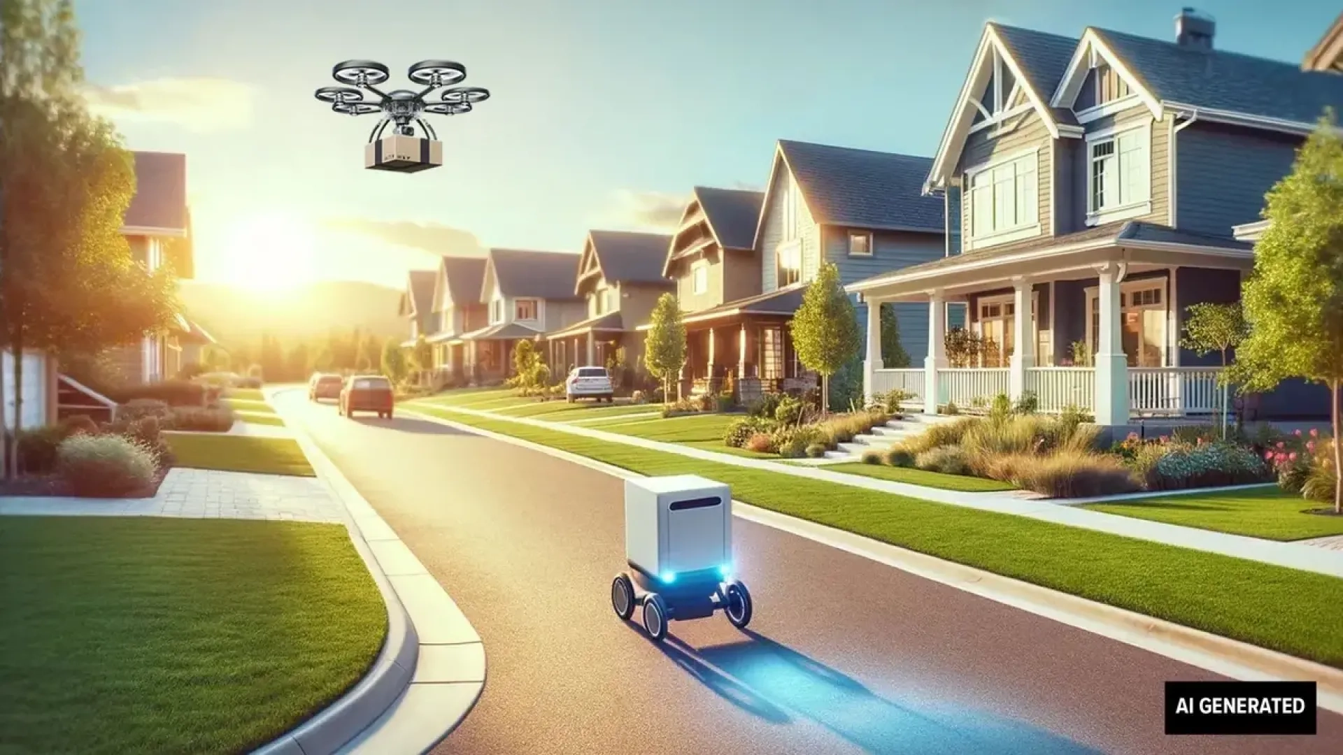 Drones delivering packages in a neighborhood. AI-generated image.