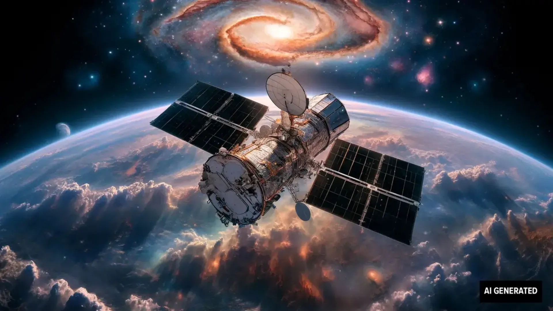 Satellite orbiting Earth. AI-generated image.