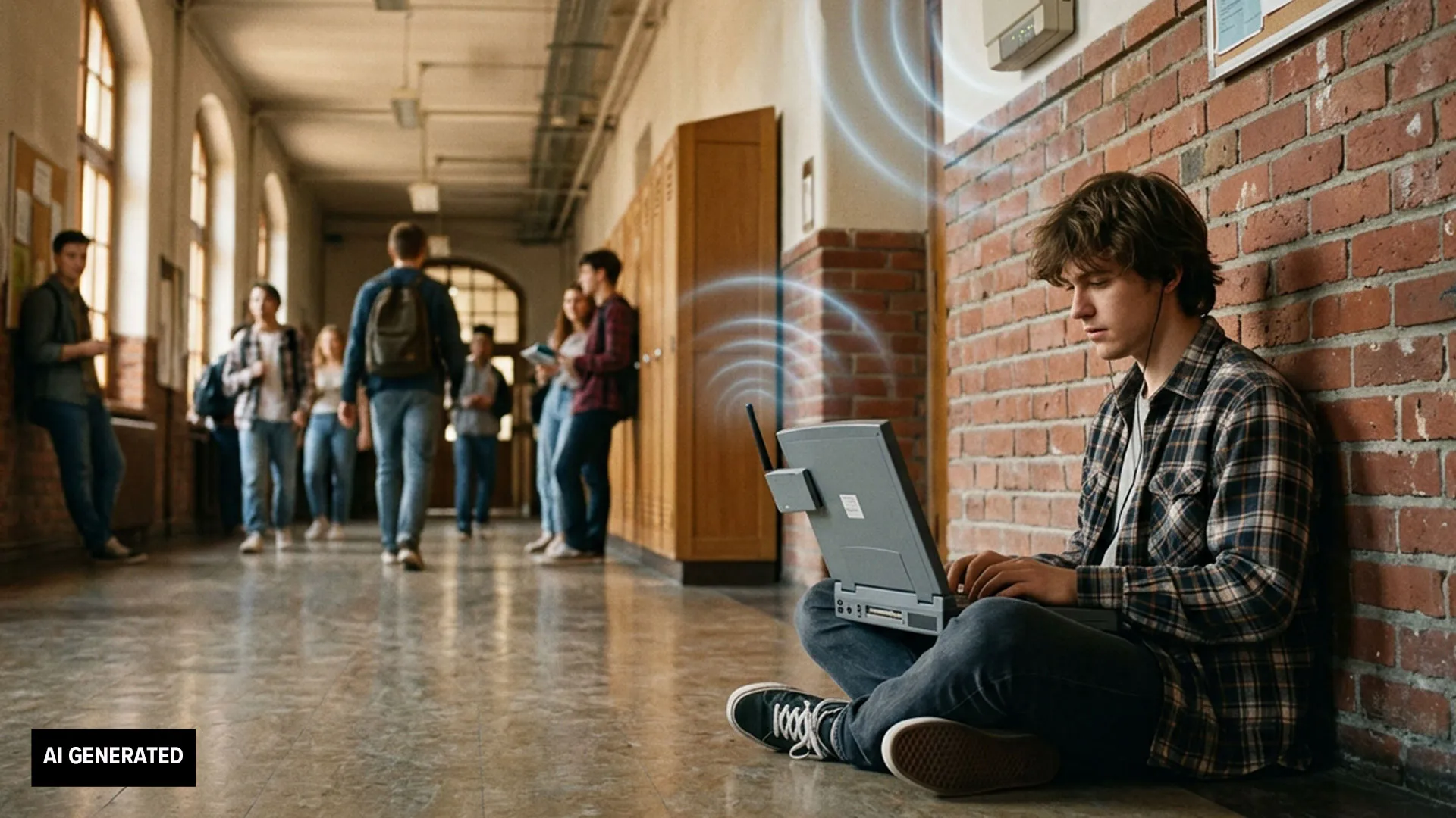 AI-generated image of a student sitting in a hallway with a computer connected to wifi.