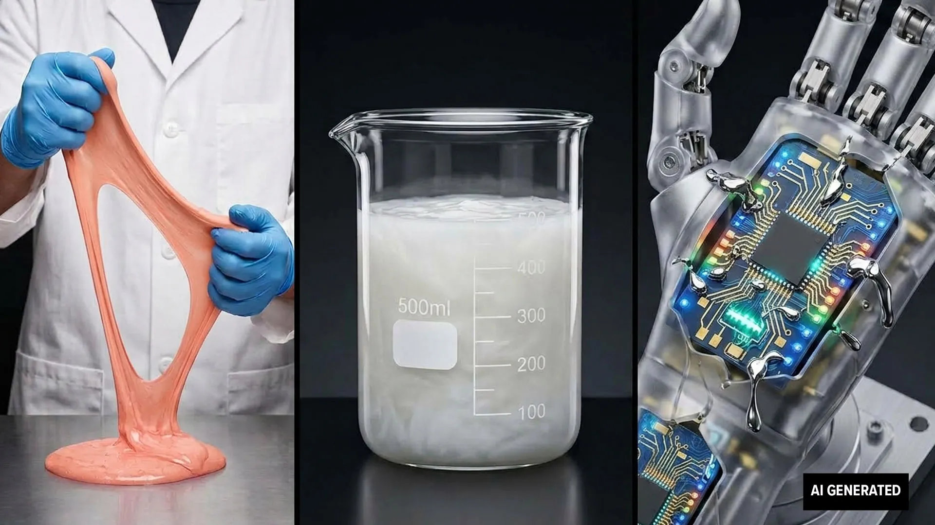 An AI-generated image of a person in a lab coat with blue gloves manipulating a flesh-colored rubbery substance, a beaker full of solution, and a robot hand.