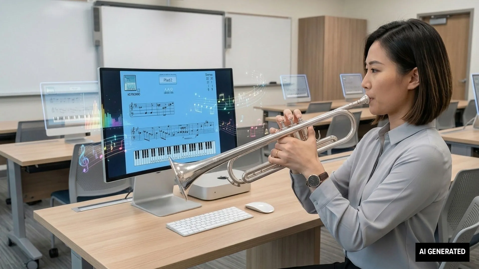 Person playing a trumpet, working from a computer screen.
