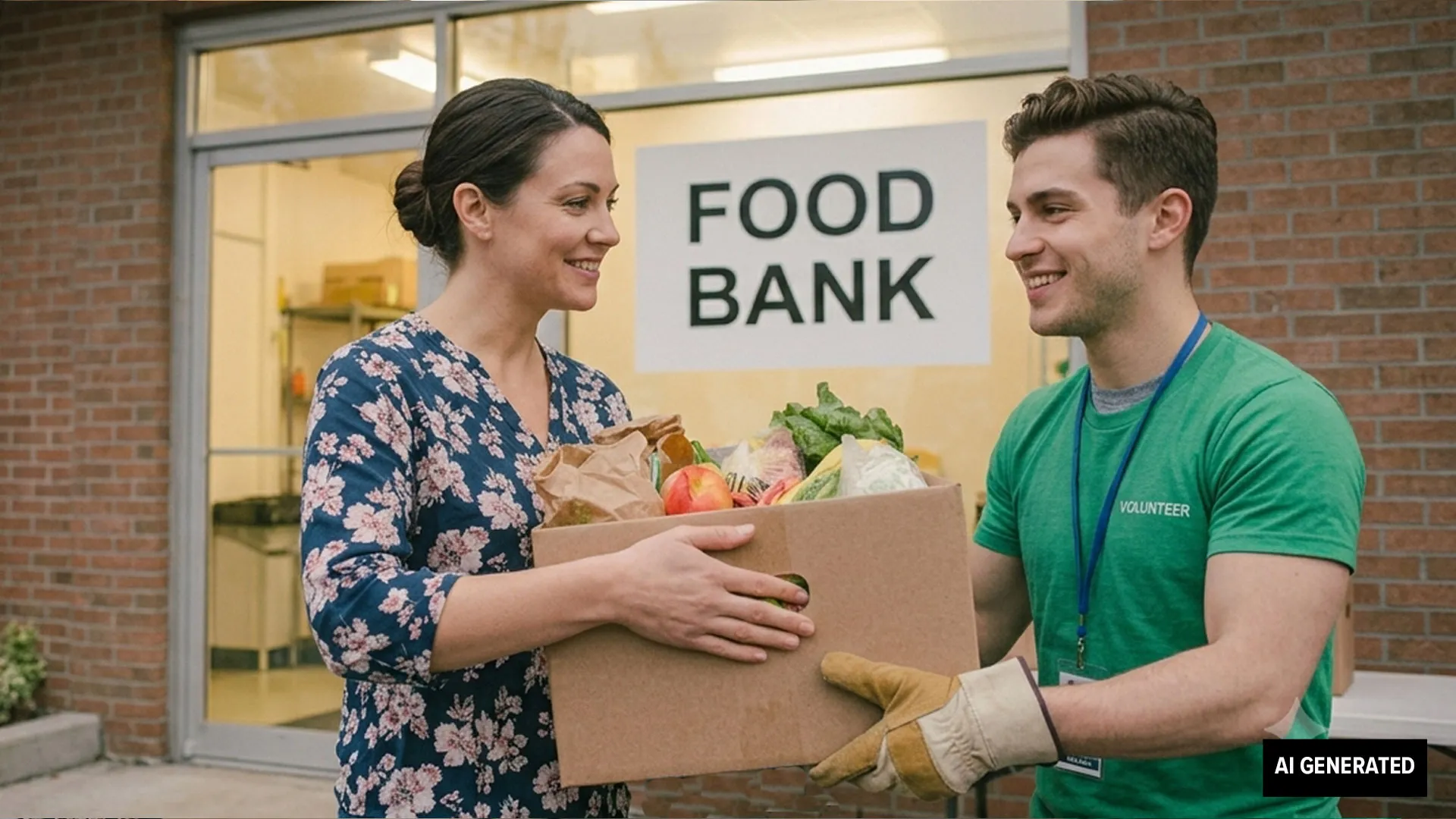 An AI-generated image of a person handing a volunteer a box of fresh produce outside of a food bank.