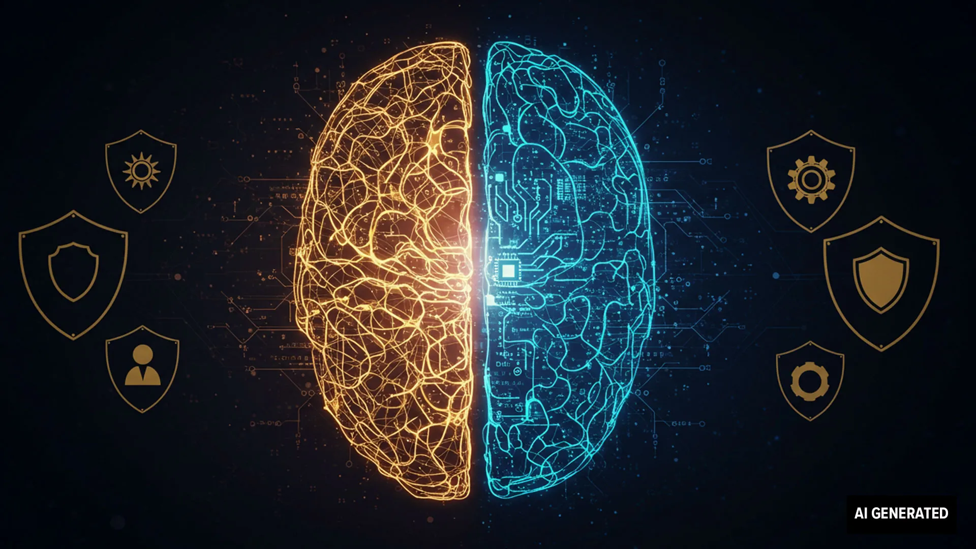 A brain with one half showing neural networks and the other half showing AI circuitry. AI-generated image.