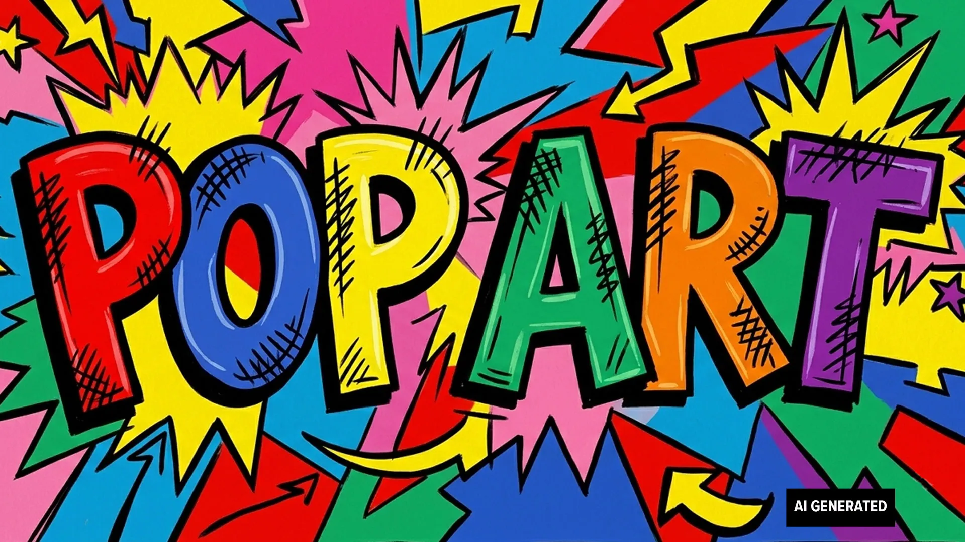 AI-generated image of the words Pop Art in an AI-interpreted pop art style.