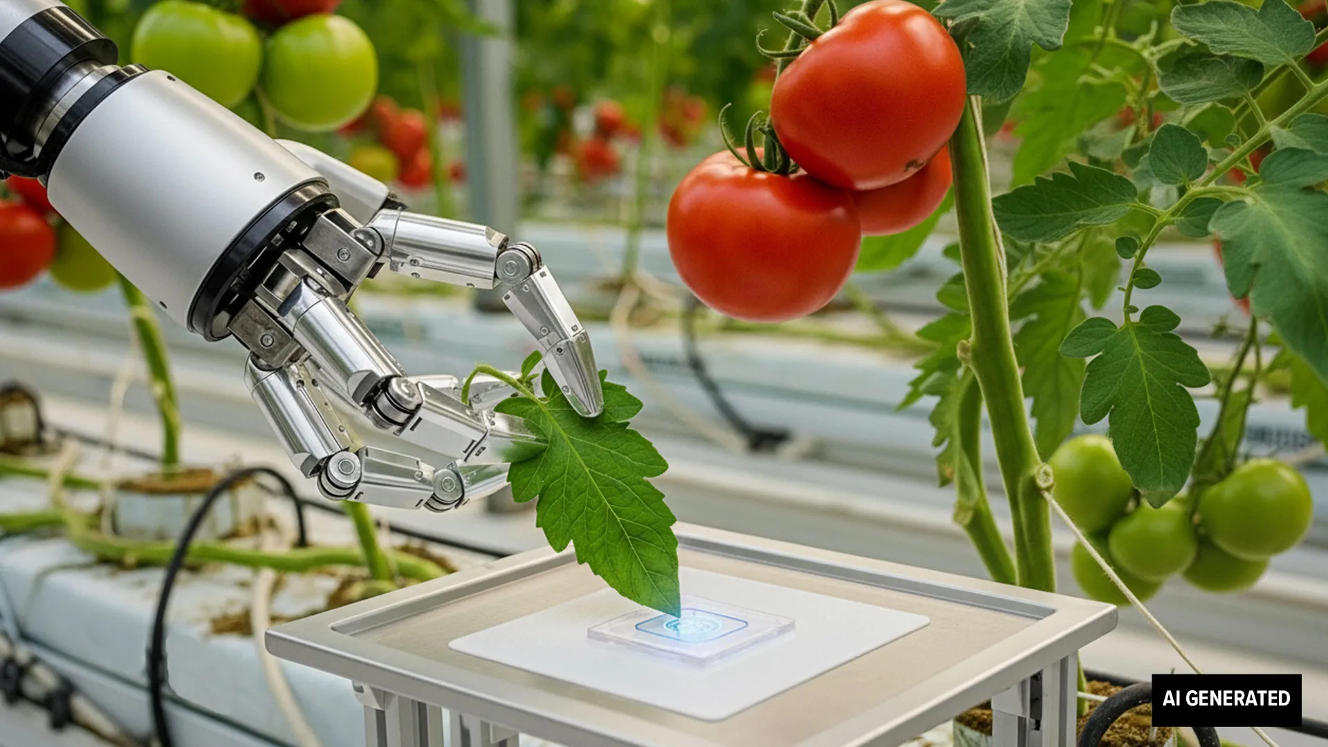 Robot handling and identifying a leaf. AI-generated image.