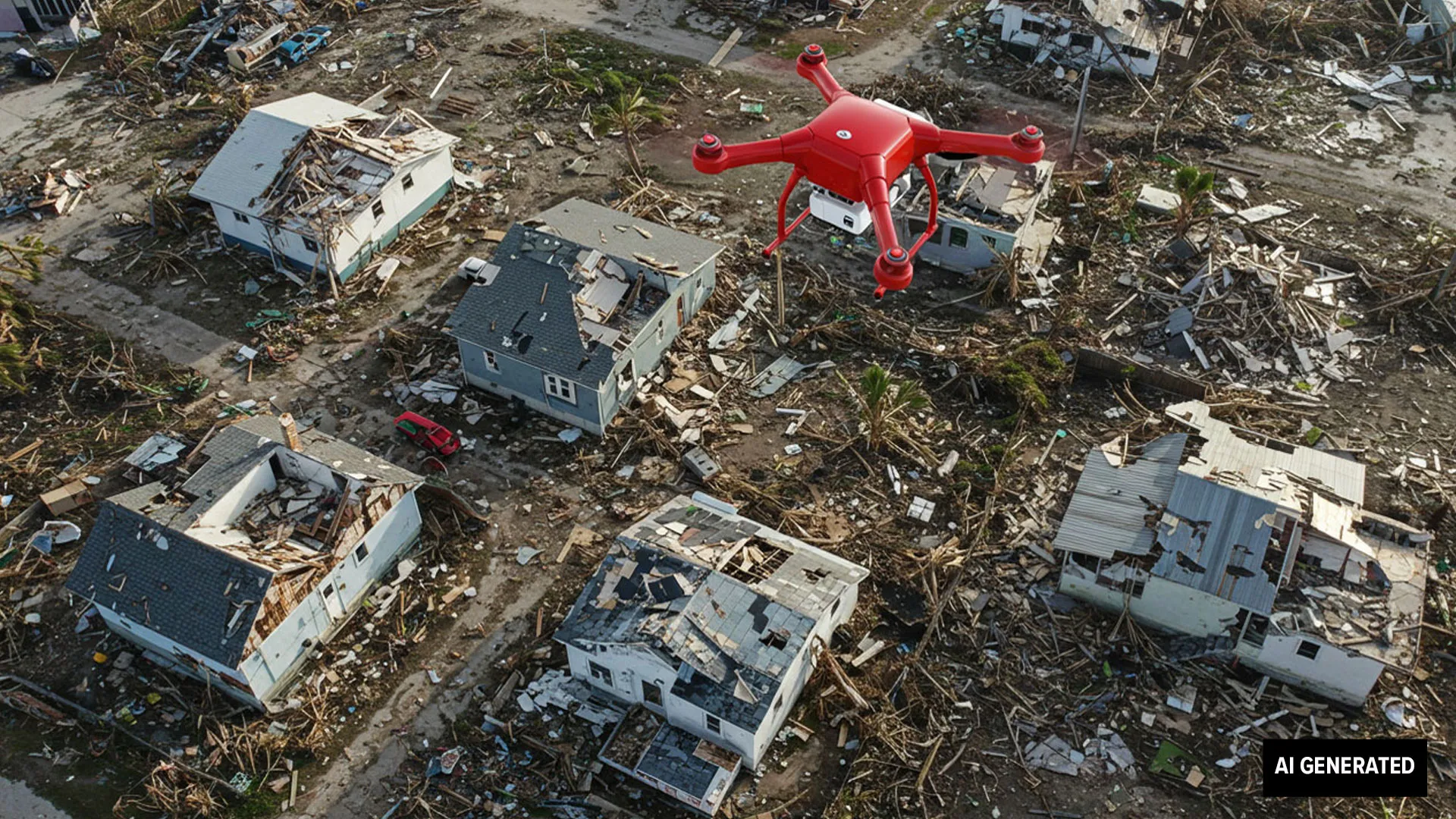 Red drone flying over destroyed houses. AI-generated image.