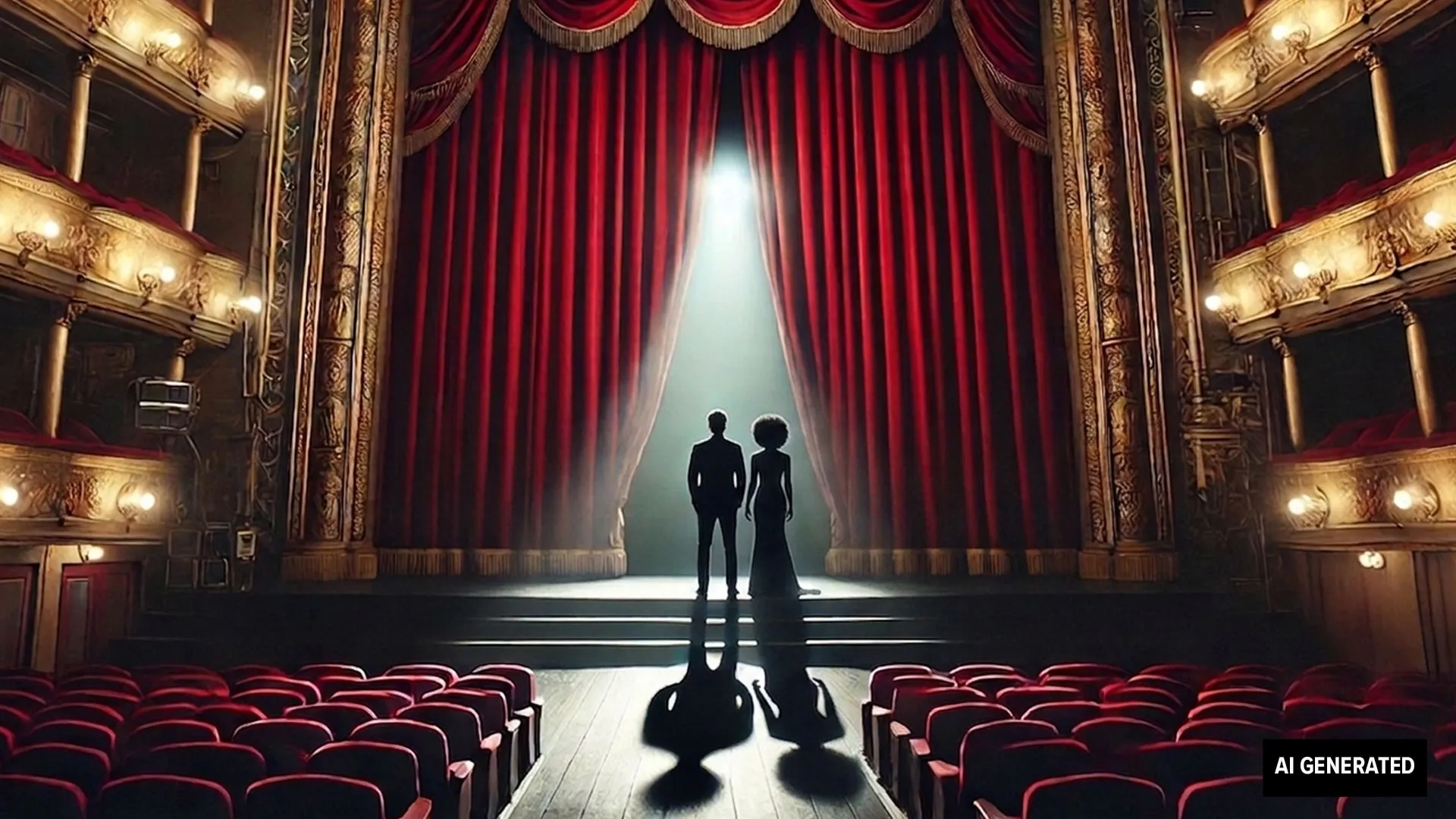 AI-generated image of two people standing in a spotlight on a stage in an empty theatre.