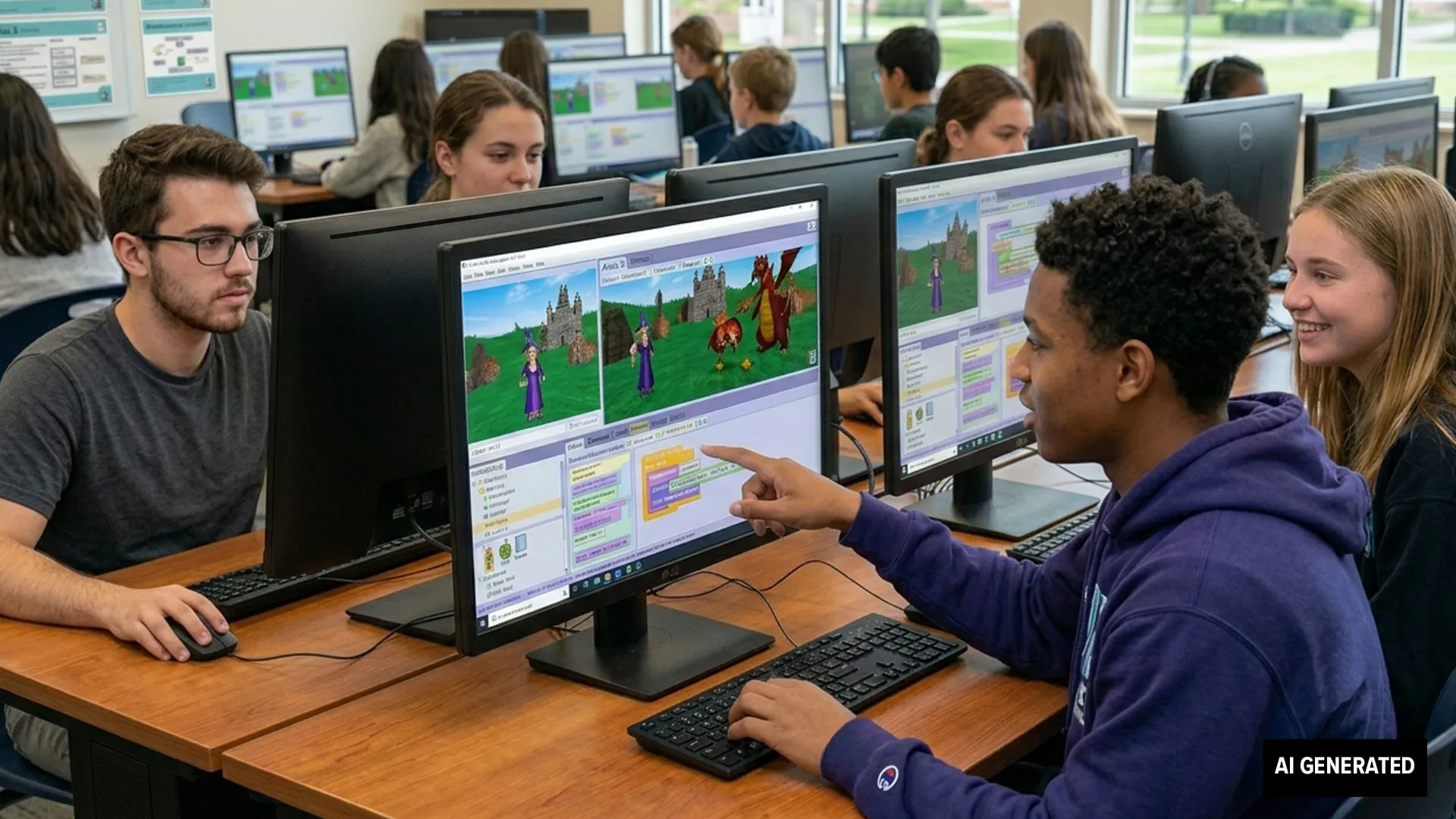 AI generated image of a room full of students playing ALICE.