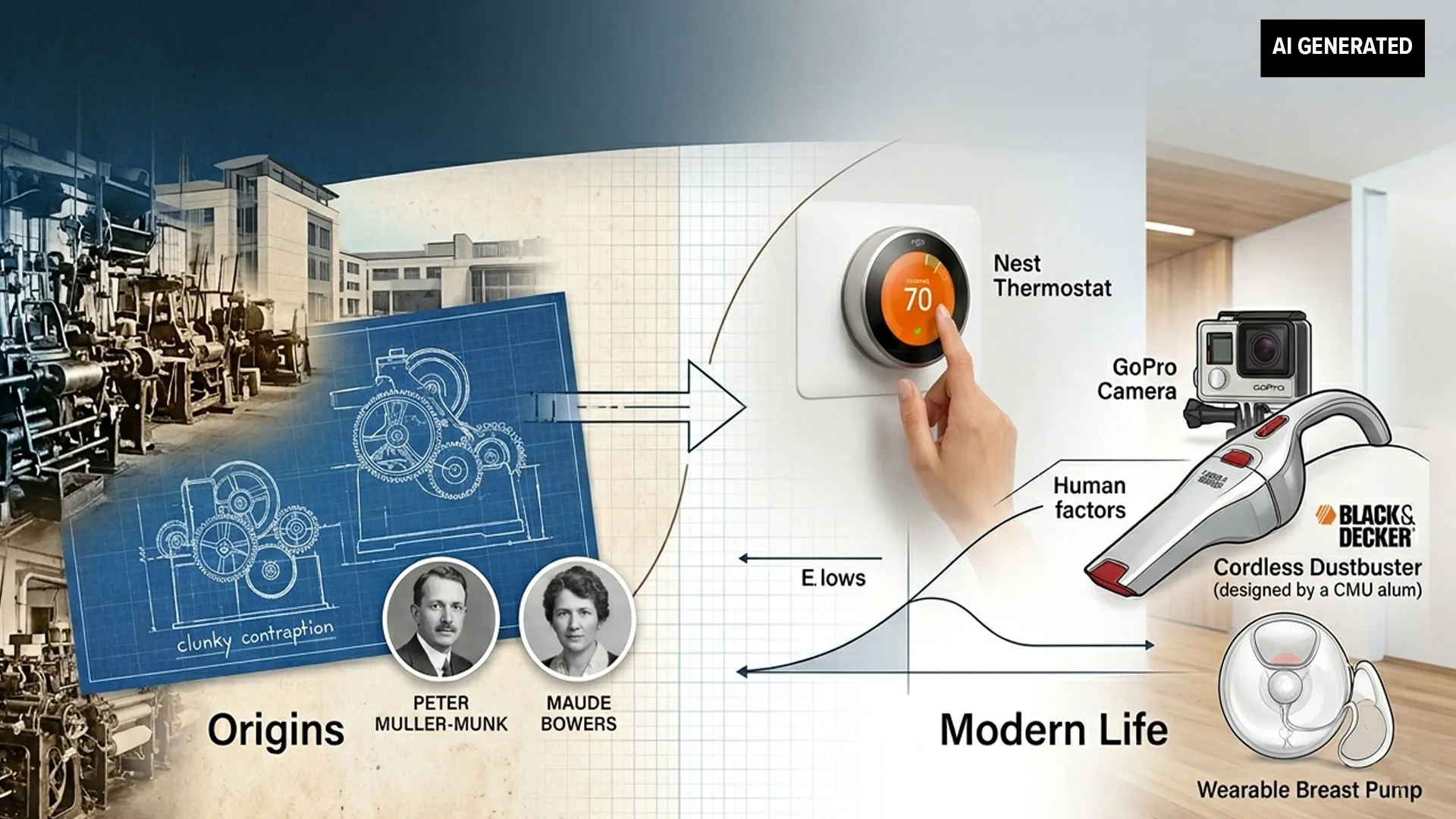 AI-generated image of blueprints leading and graphs leading to products.