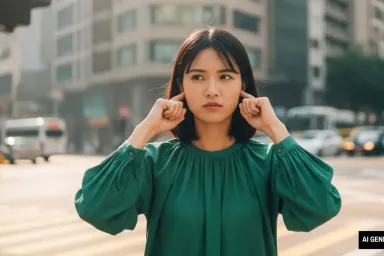 AI-generated image of a woman standing on a city street corner, with her fingers on her ears to quiet the noise.