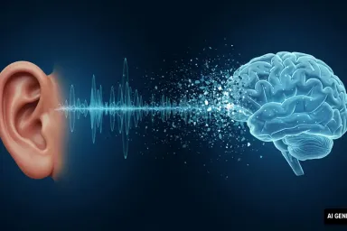 AI-generated image of a sound wave traveling between an ear and a brain.