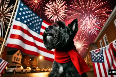 Scottie dog in a neighborhood by an American flag with fireworks in the background. AI-generated image.