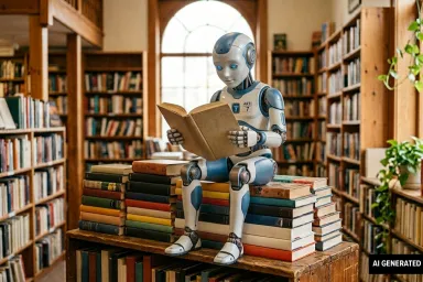 An AI-generated image of an AI robot child reading a physical book in a library.