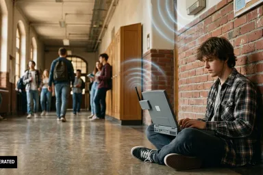 AI-generated image of a student sitting in a hallway with a computer connected to wifi.