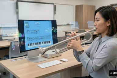 Person playing a trumpet, working from a computer screen.