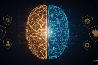 A brain with one half showing neural networks and the other half showing AI circuitry. AI-generated image.