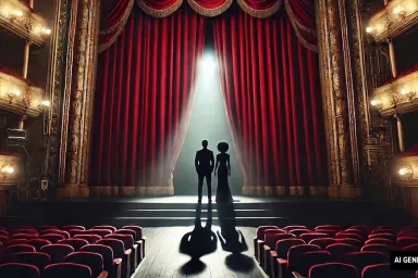 AI-generated image of two people standing in a spotlight on a stage in an empty theatre.