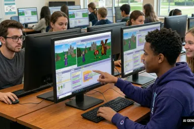 AI generated image of a room full of students playing ALICE.