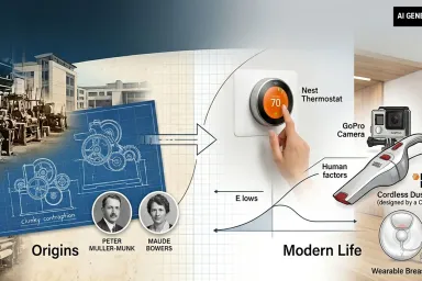 AI-generated image of blueprints leading and graphs leading to products.