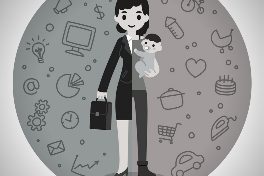 Image of woman holding a baby and a briefcase