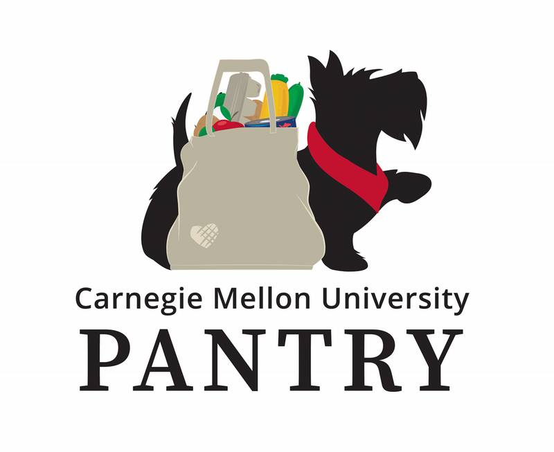 CMU Pantry logo with Scotty and cloth bag filled with grocery items