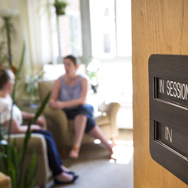 A student and Counseling and Psychological Services' staff member sit in an office with a door sign reading, "In Session"