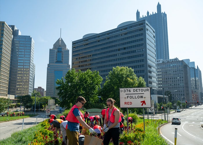 CMU students work with plants at an intersection in downtown Pittsburgh