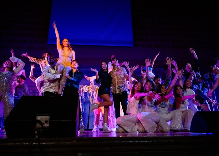 Members of CMU's fraternities and sororities hit their final pose of their Greek Sing number in Soldiers and Sailors Hall.