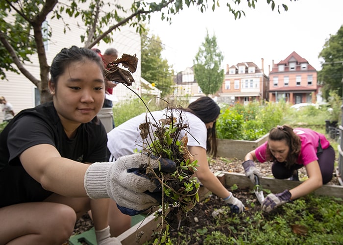 a photo of CMU student working in the community garden