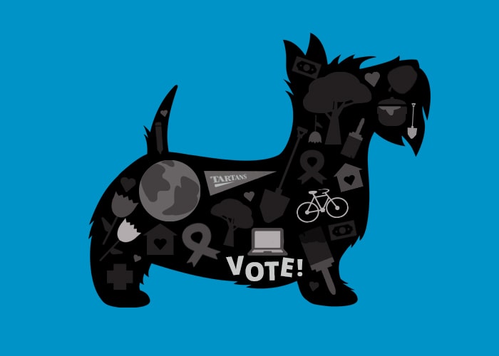 scotty graphic depicting words and symbols that describe civic engagement activities