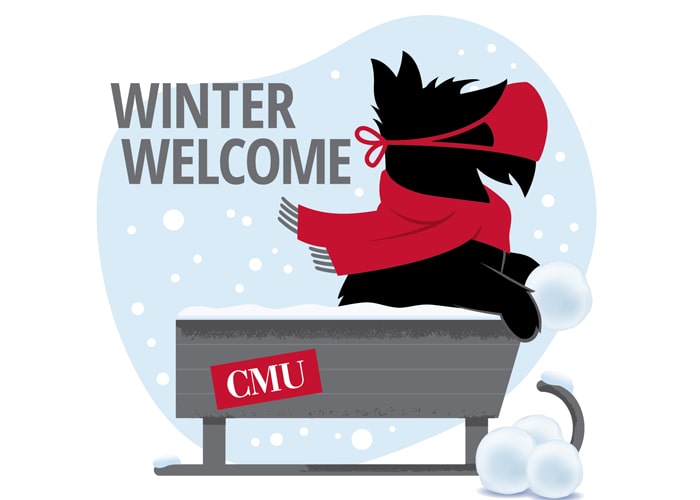 Winter Welcome logo - Scotty on a sled with some snowballs
