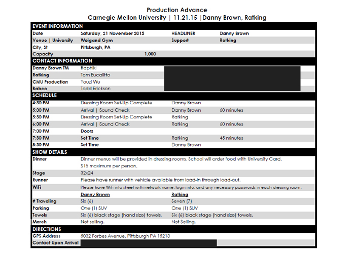 One Pager excel spreadsheet with event info like schedule, address and details, and contact information