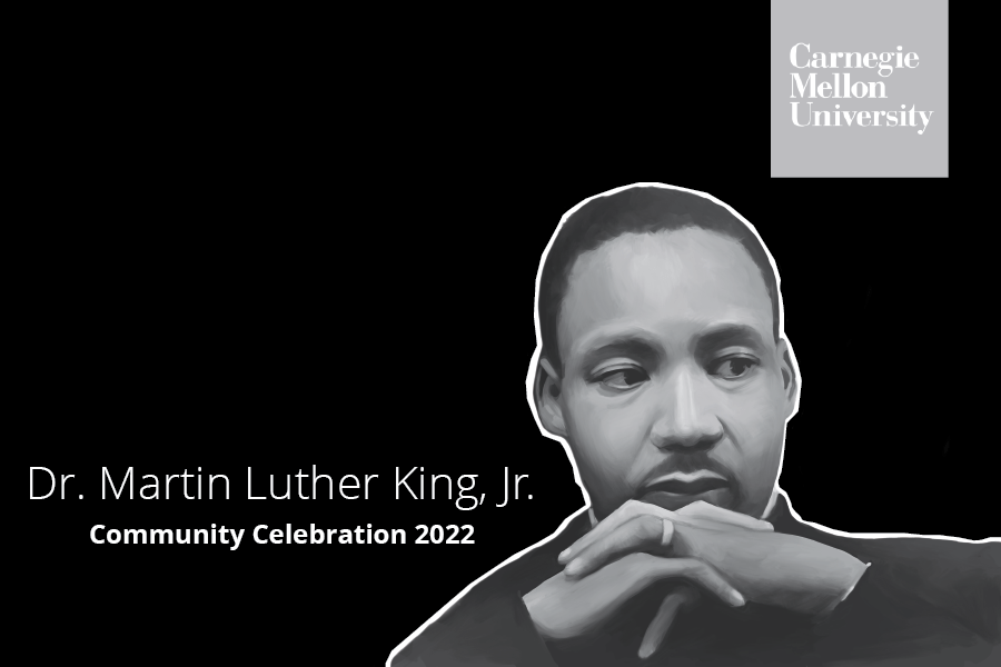 Black and white illustration of Dr. Martin Luther King with text overlay reading "Dr. Martin Luther King, Jr. Community Celebration 2022."