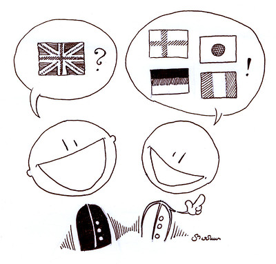 cartoon of two figures with inernational flags in speech bubbles