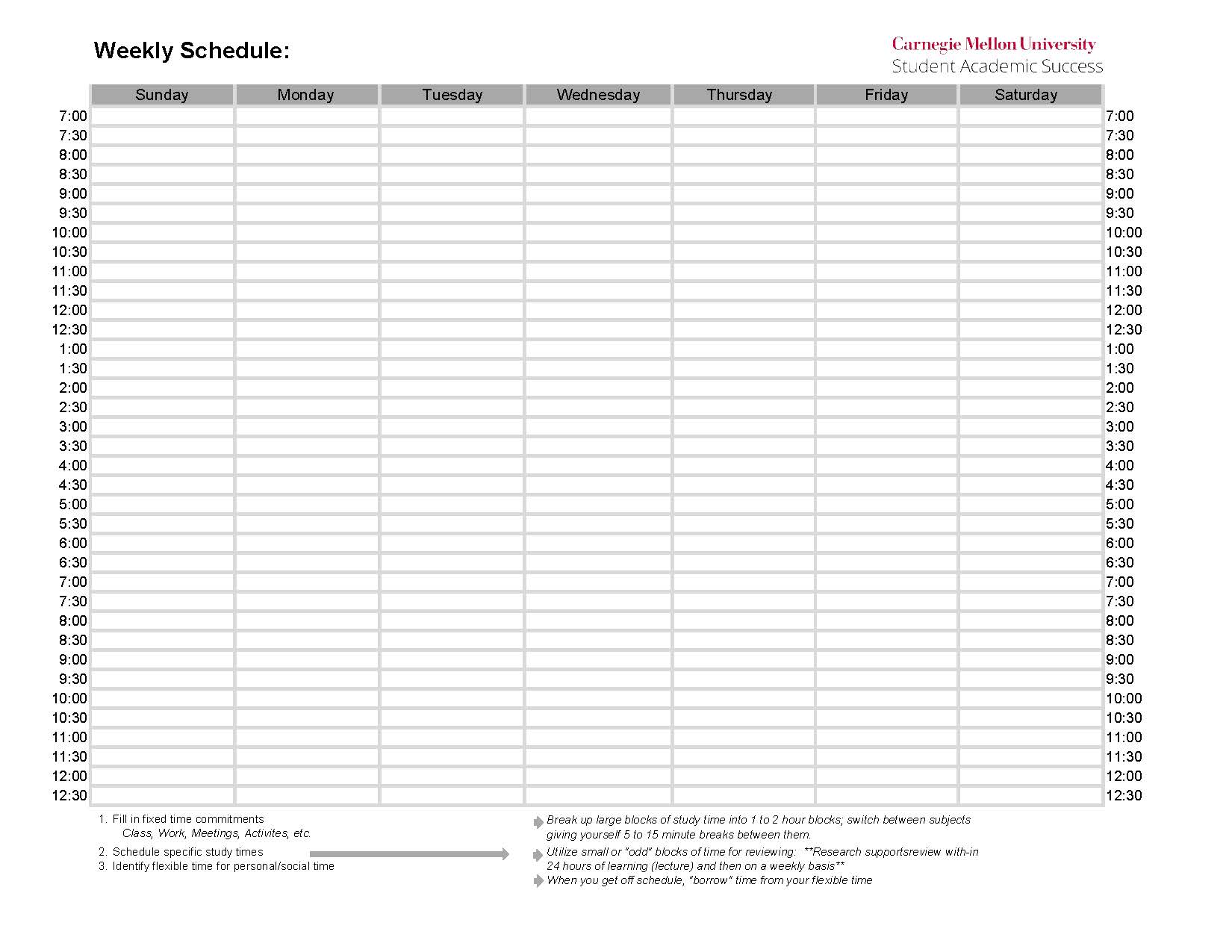 weekly planner in half hour increments from 7 a.m. to midnight