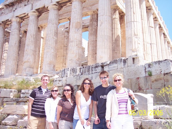 Kensee and several friends pose in front of the Acropolis.