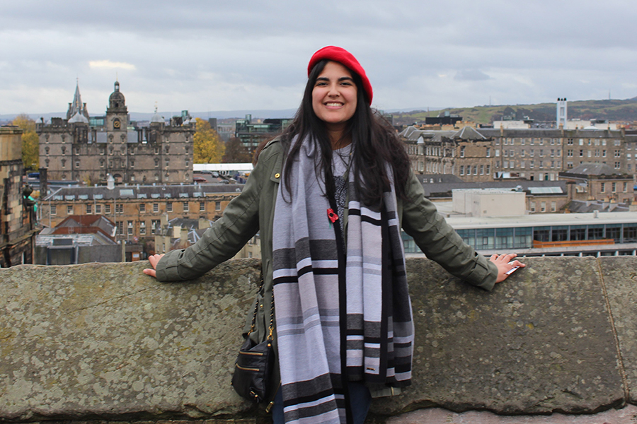 Smriti Ahuja on a bridge overlooking Edinburgh