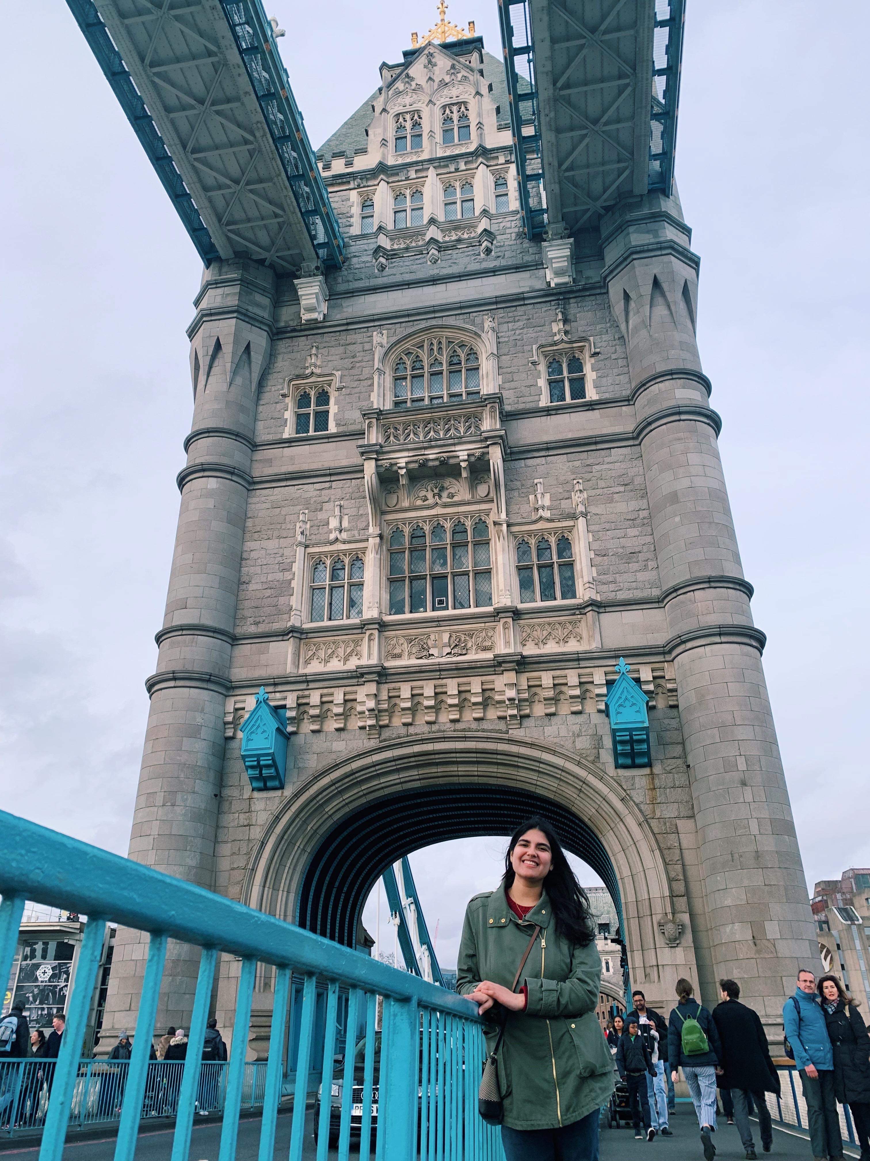 Smriti posing on Tower Bridge in London