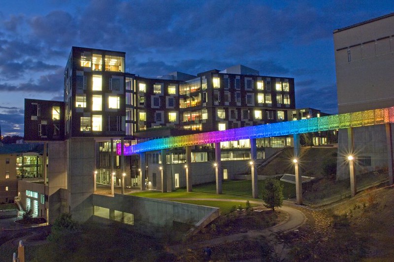 The bridge to Gates lit up in rainbow colors