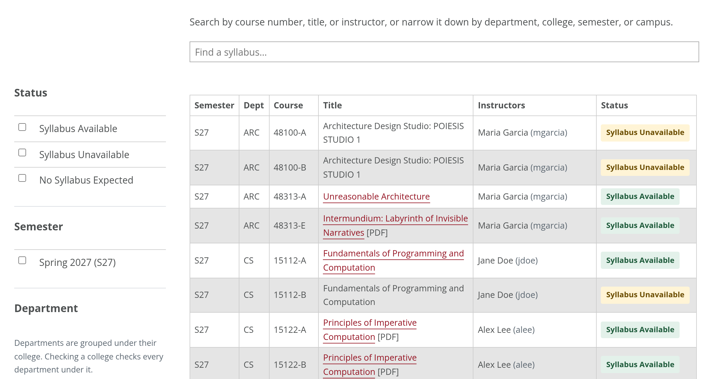 The Syllabus Registry: a searchable table of course sections with titles, instructors, and status, and filters for status and semester.